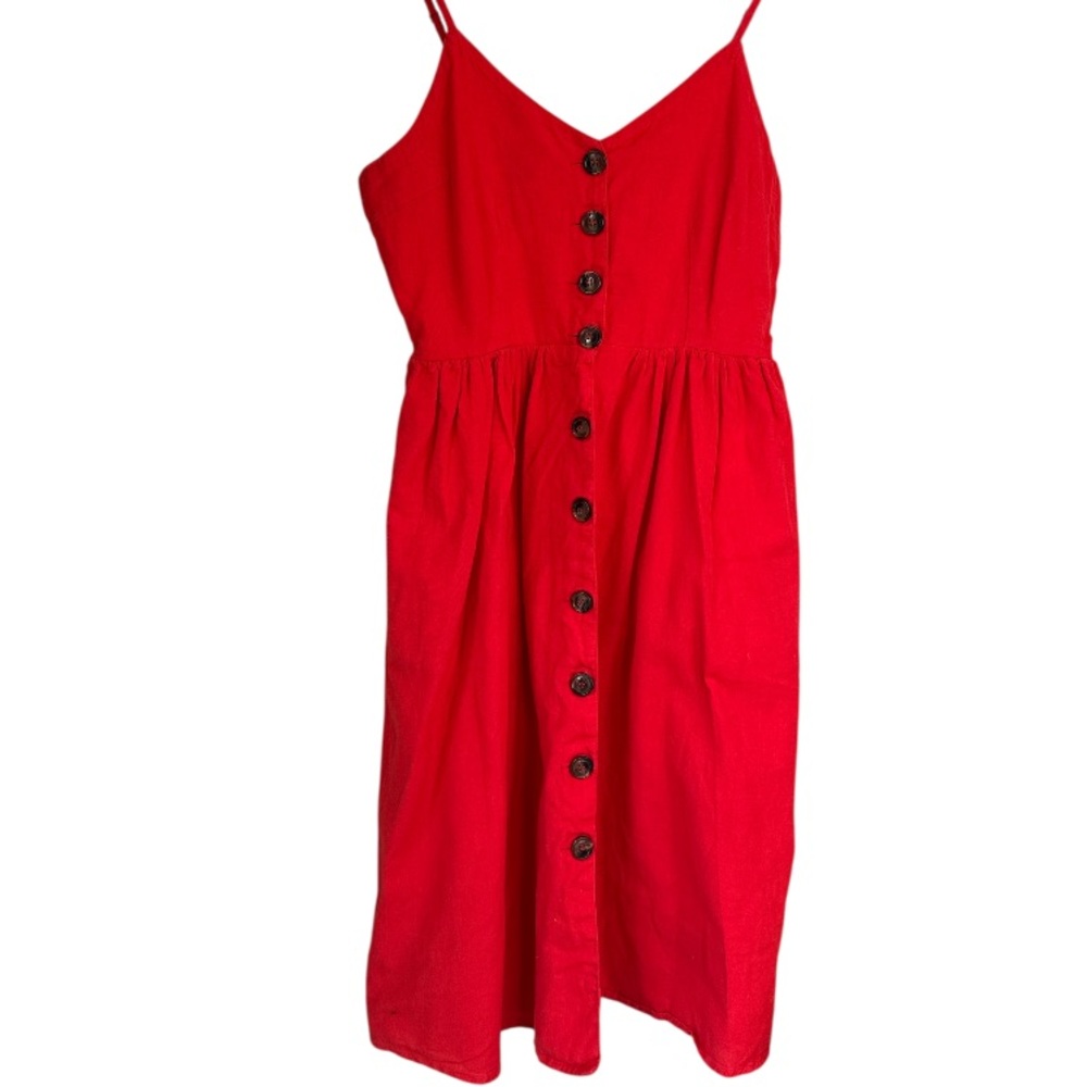 Japna dress Vibrant Red Button Midi large smocked back cotton button down detail